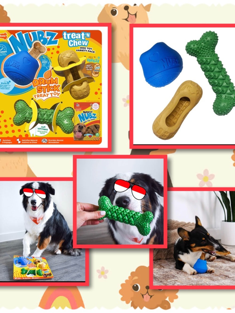 Nubz Treat 'N Chew Dog Toy Pack - Green & Blue